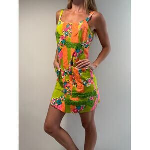 Vintage 1960’s Mod Psychedelic Floral Mini Dress Front Pockets Size Small JL